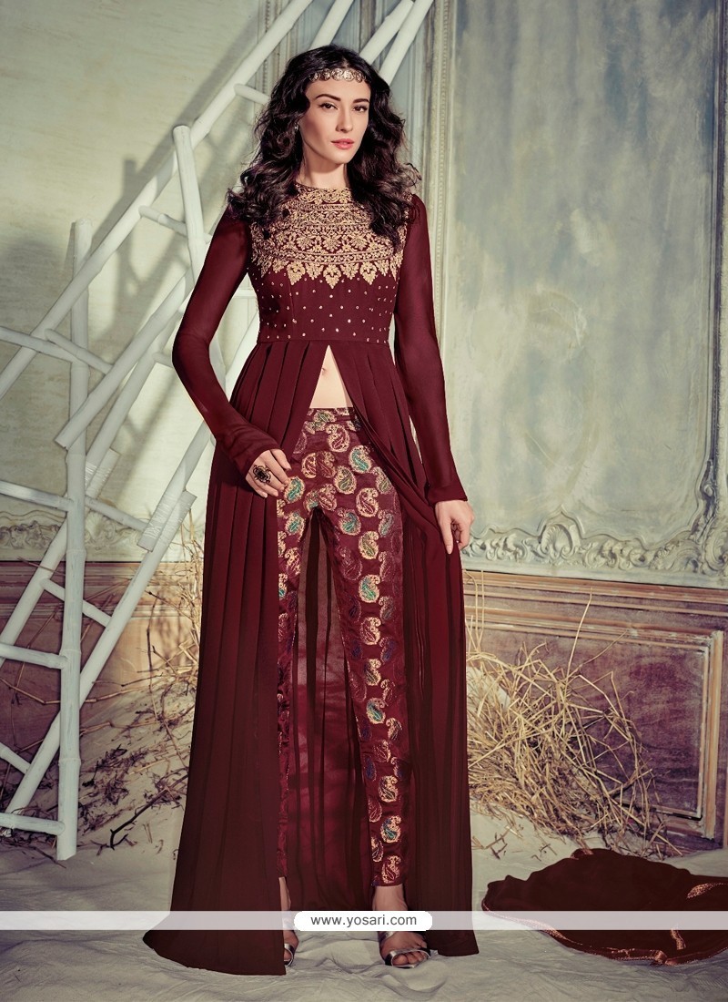 Beauteous Brown Embroidered Work Georgette Pant Style Suit