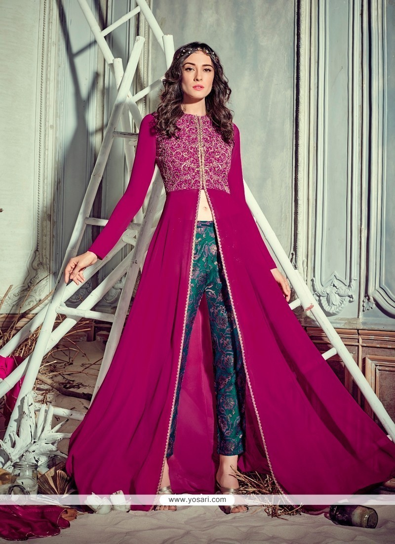 Prepossessing Magenta Embroidered Work Georgette Pant Style Suit