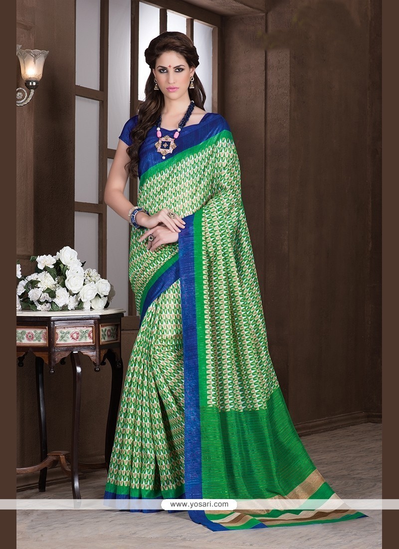 Vehemently Handloom Silk Green Printed Saree