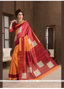 Voluptuous Orange Handloom Silk Printed Saree