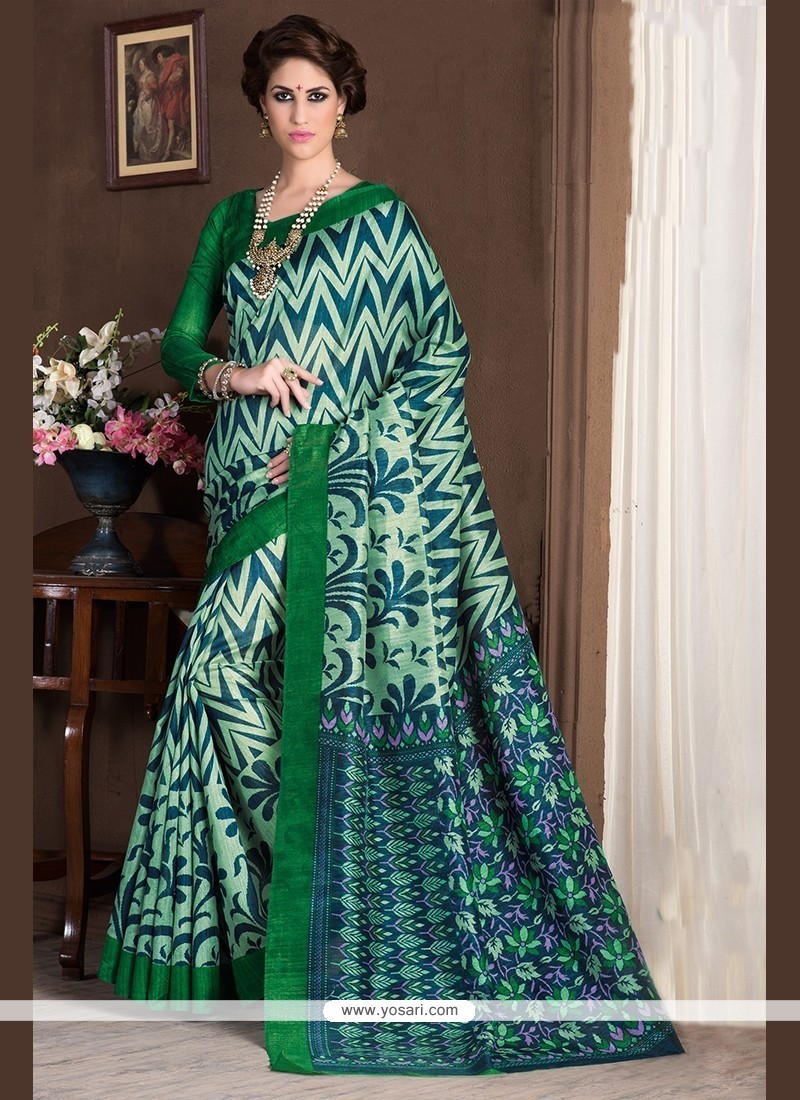 Modish Handloom Silk Green Print Work Printed Saree