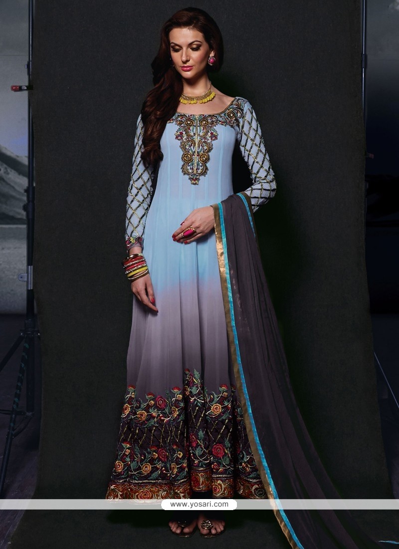Blue And Grey Shaded Georgette Anarkali Suit