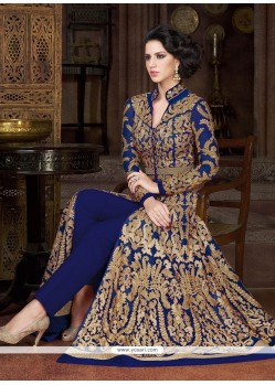 Enticing Blue Embroidered Work Net Pant Style Suit