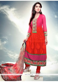 Pink And Red Shaded Chiffon Churidar Suit