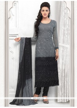 Grey And Black Embroidery Churidar Suit