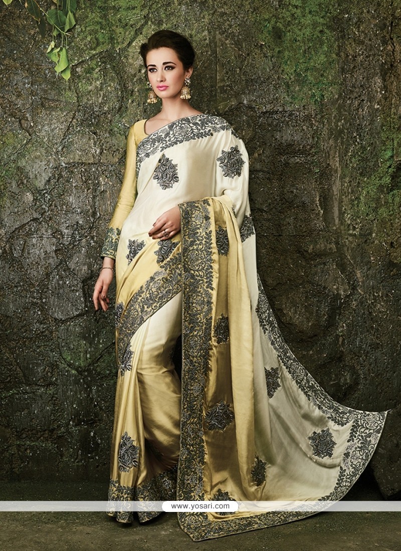 Embroidered Satin Designer Bridal Sarees In Cream