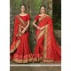 Entrancing Pure Chiffon Red Patch Border Work Designer Bridal Sarees