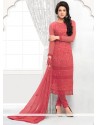 Red Embroidery Pure Chiffon Churidar Suit