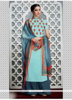 Snazzy Resham Work Blue Cotton Satin Designer Palazzo Salwar Kameez