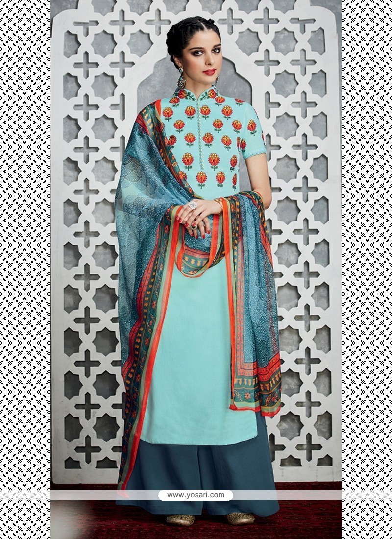 Snazzy Resham Work Blue Cotton Satin Designer Palazzo Salwar Kameez