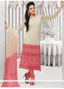 White And Pink Pure Chiffon Churidar Suit