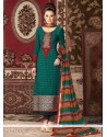 Embroidered Faux Crepe Churidar Designer Suit In Green
