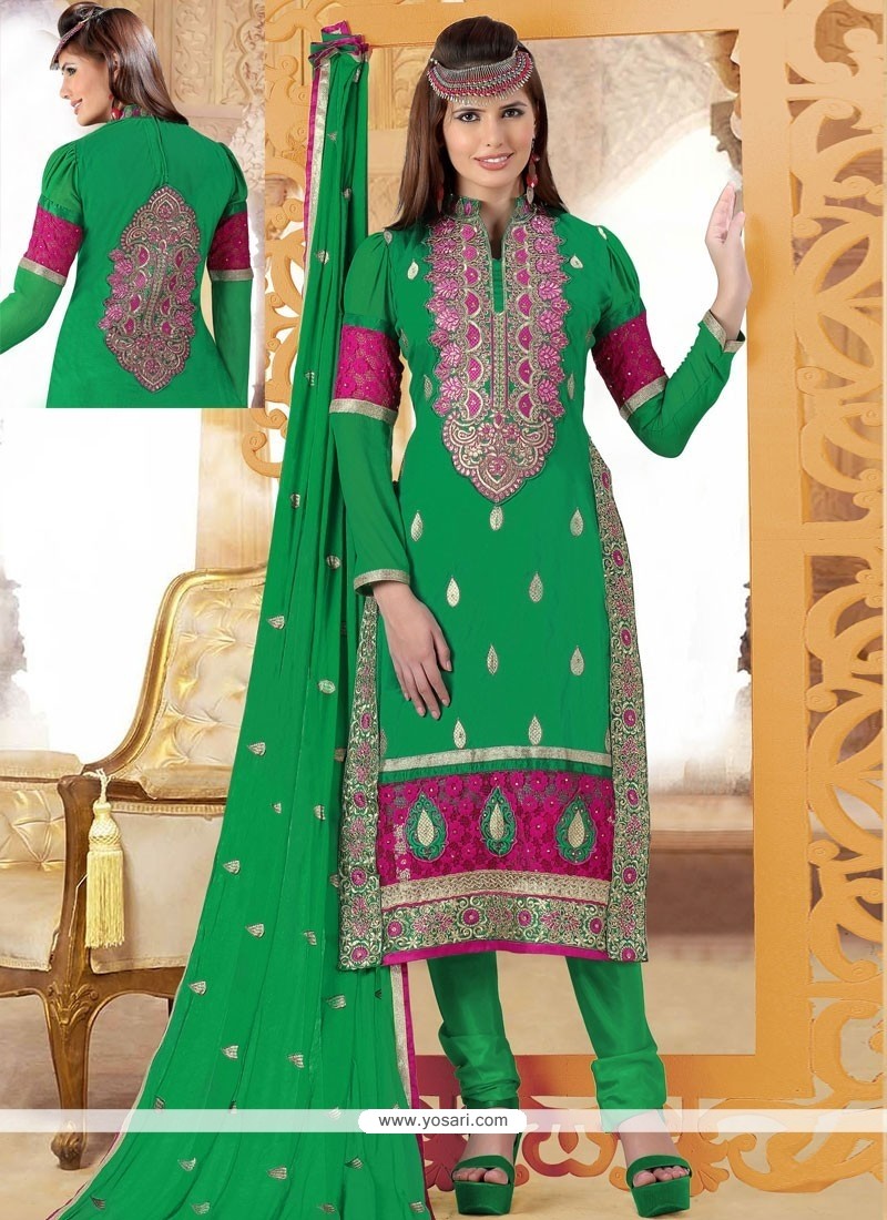 Fab Green Cotton And Net Churidar Suit