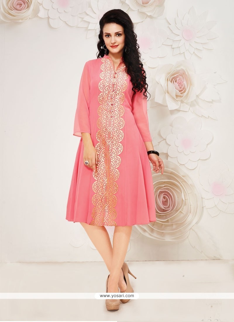 Radiant Embroidered Work Pink Georgette Party Wear Kurti