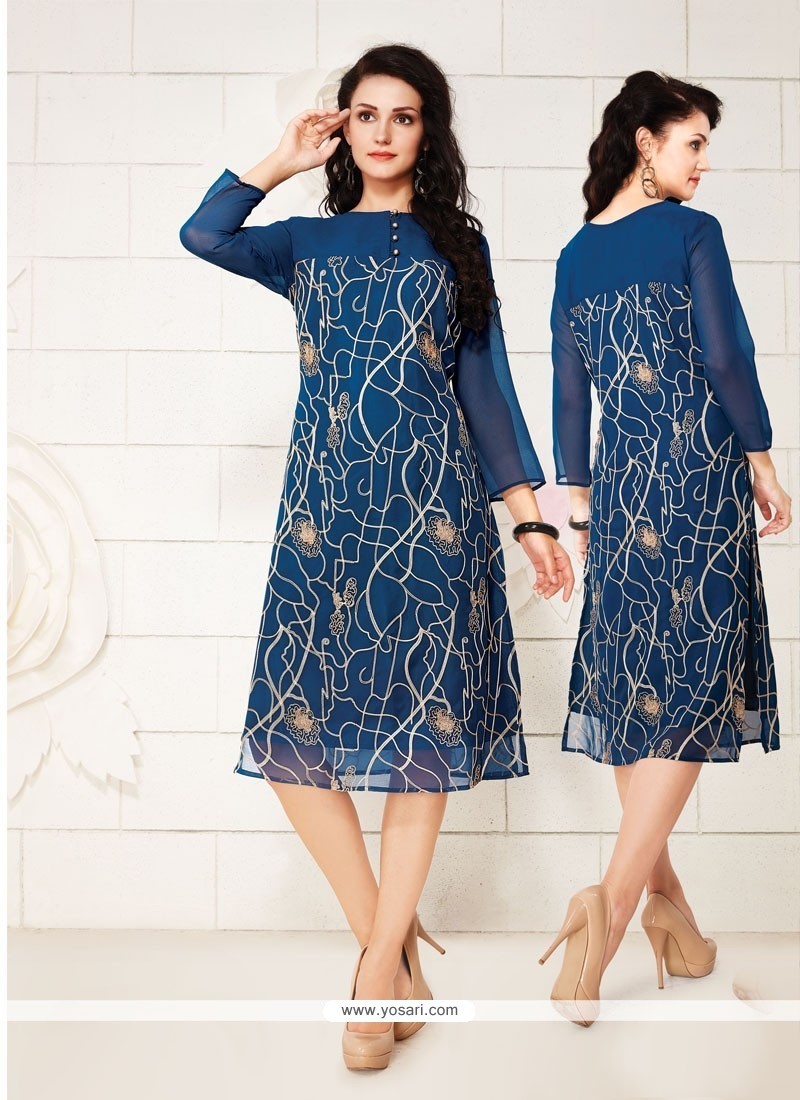 Fashionable Embroidered Work Blue Georgette Party Wear Kurti
