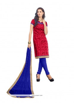 Phenomenal Chanderi Cotton Red Lace Work Churidar Designer Suit