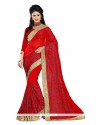 Pleasing Red Embroidered Work Georgette Designer Traditional Sarees