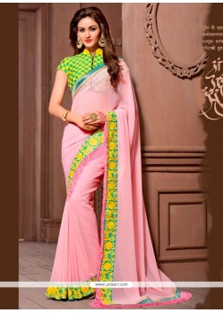 Bedazzling Embroidered Work Green And Rose Pink Designer Saree