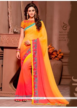 Staring Peach And Yellow Embroidered Work Georgette Designer Saree