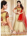 Capricious Gold And Red Patch Border Work Net A Line Lehenga Choli