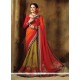 Peppy Pure Chiffon Green And Red Embroidered Work Traditional Saree