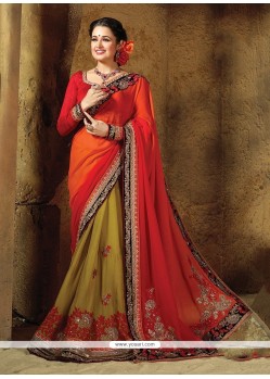 Peppy Pure Chiffon Green And Red Embroidered Work Traditional Saree