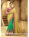 Delightful Green And Yellow Embroidered Work Georgette Classic Saree