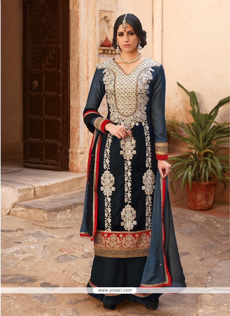 Baronial Blue Velvet Pakistani Suit