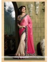 Modernistic Cream And Hot Pink Patch Border Work Pure Chiffon Classic Designer Saree