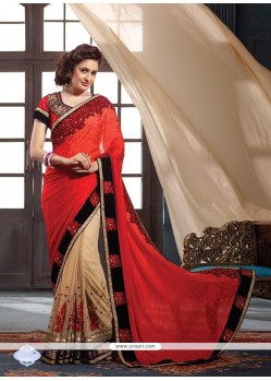 Gratifying Jacquard Beige And Red Embroidered Work Classic Saree
