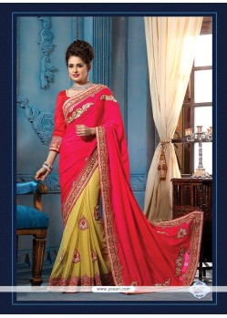 Distinguishable Green And Hot Pink Embroidered Work Net Traditional Designer Sarees