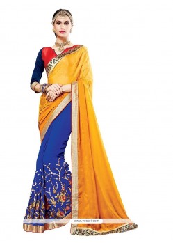 Fashionable Blue And Yellow Embroidered Work Georgette Designer Saree