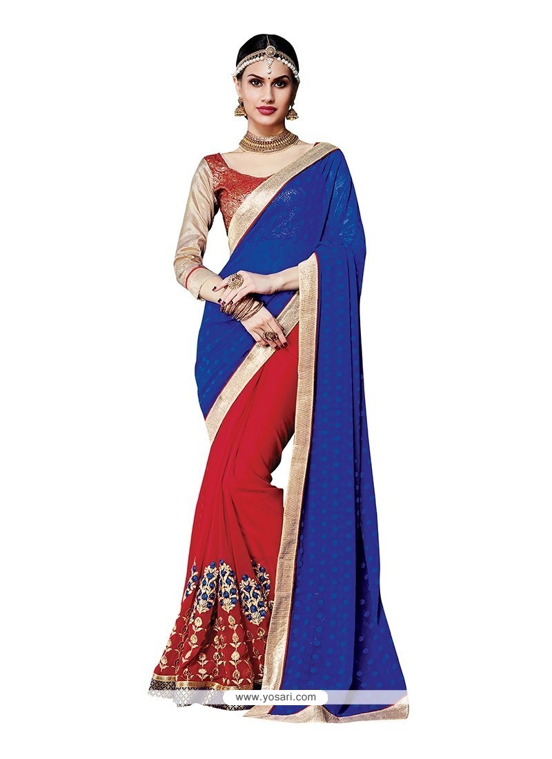 Appealing Red Embroidered Work Jacquard Classic Designer Saree