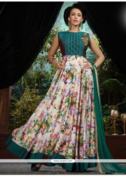 Dazzling Teal And White Embroidered Work Designer Gown