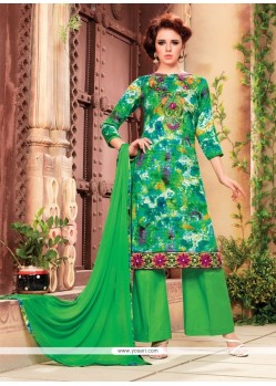 Refreshing Green Print Work Cotton Designer Palazzo Salwar Kameez