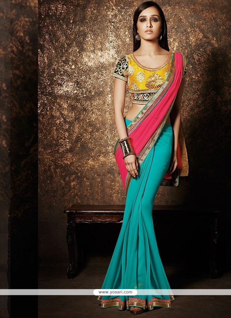 Teal Green And Pink Georgette Saree