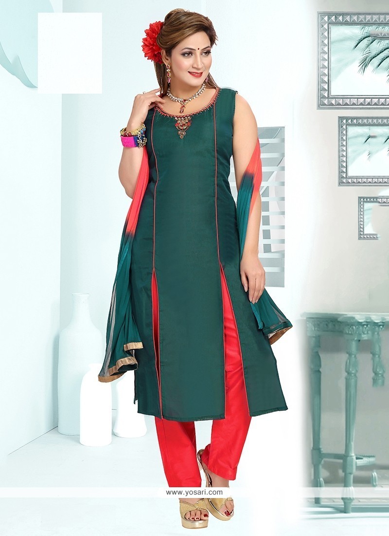 Excellent Green Embroidered Work Chanderi Readymade Suit