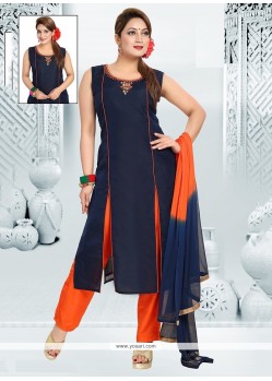 Embroidered Chanderi Readymade Suit In Navy Blue