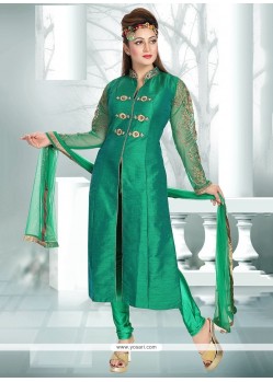 Distinctively Embroidered Work Sea Green Art Dupion Silk Readymade Suit