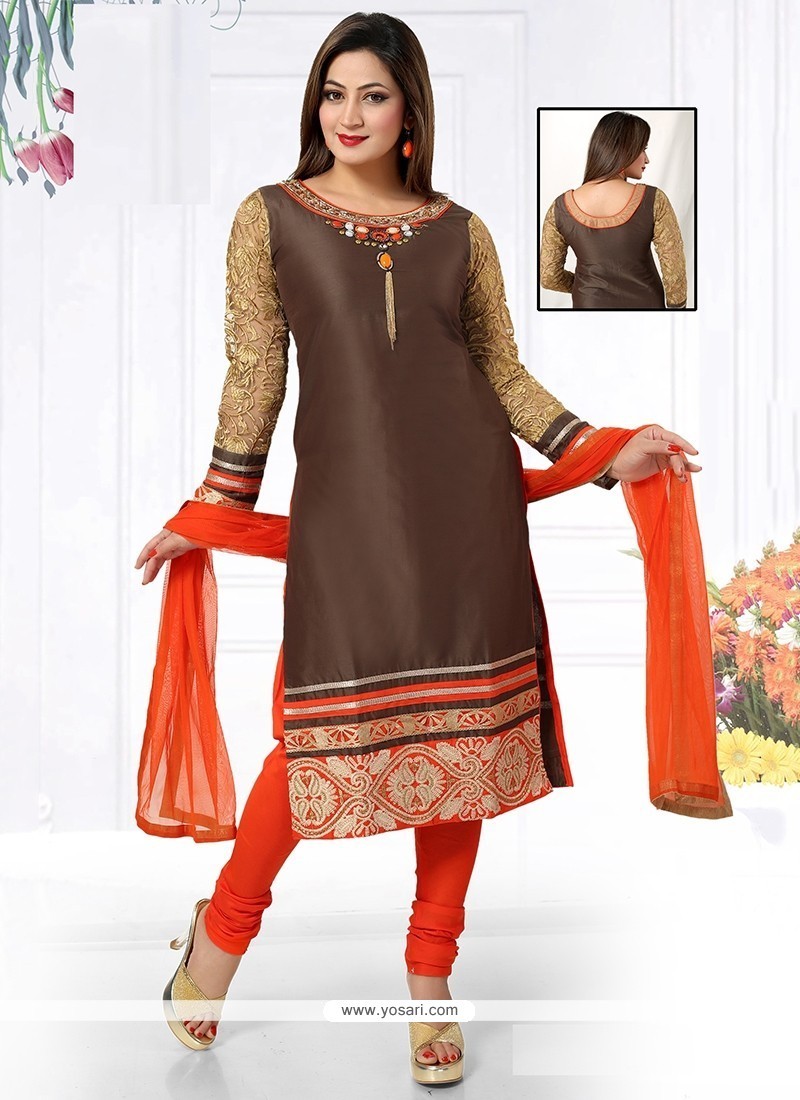 Fetching Brown Embroidered Work Chanderi Readymade Suit