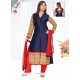 Refreshing Navy Blue Patch Border Work Fancy Fabric Readymade Suit
