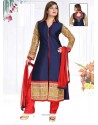 Refreshing Navy Blue Patch Border Work Fancy Fabric Readymade Suit