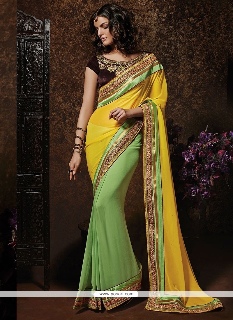 Sea Green And Yellow Georgette Saree