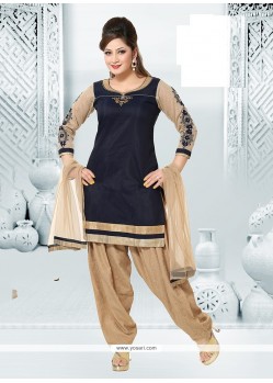 Transcendent Navy Blue Embroidered Work Chanderi Readymade Suit