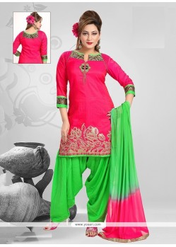 Graceful Chanderi Hot Pink Embroidered Work Readymade Suit