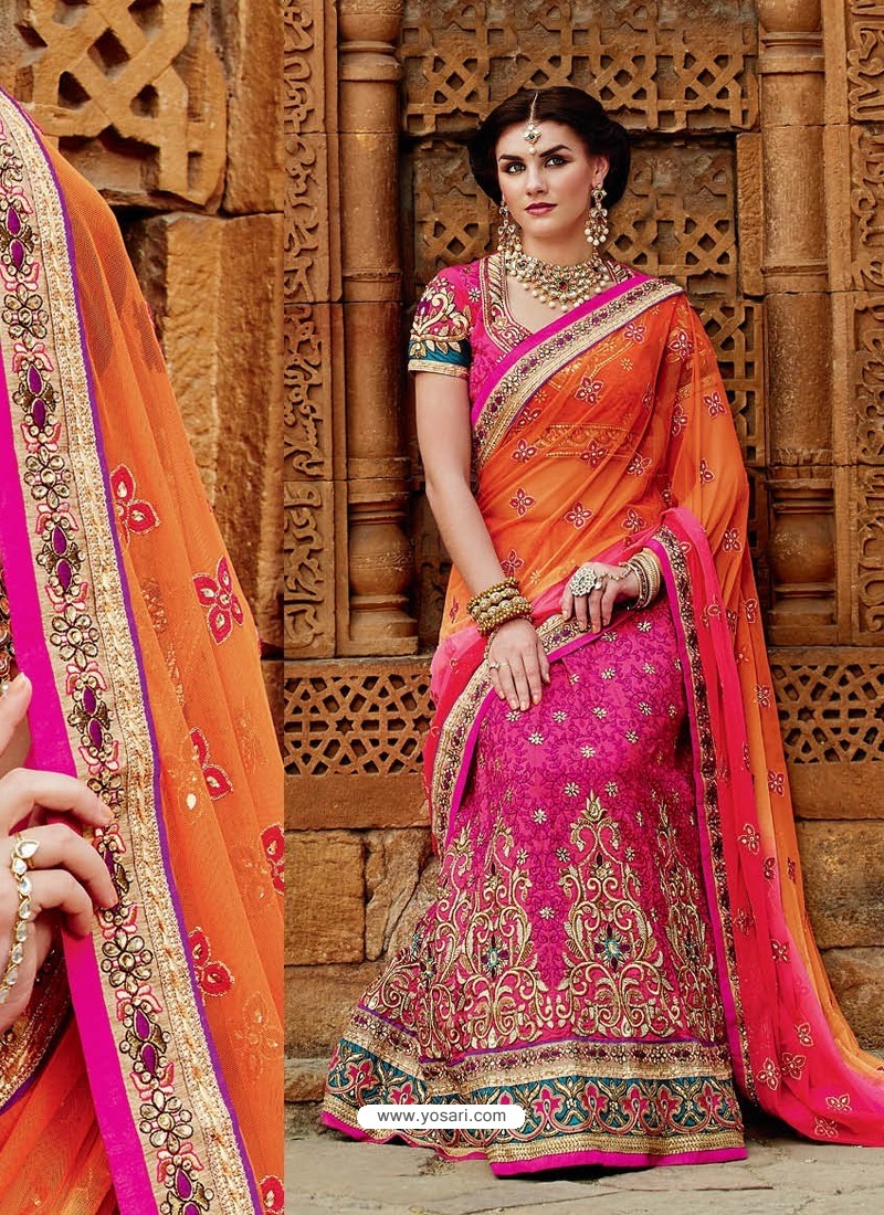 Orange & Blue Banarasi Jacquard Silk Half Saree Lehenga – Shopgarb Store
