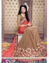 Glitzy Brown Embroidered Work Faux Crepe Traditional Saree