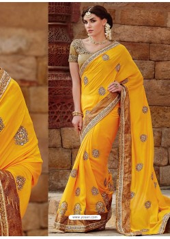 Yellow Tussar Silk Designer Saree