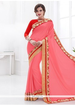Winsome Pink Embroidered Work Faux Chiffon Designer Saree