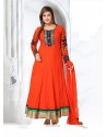 Thrilling Orange Embroidered Work Net Readymade Suit